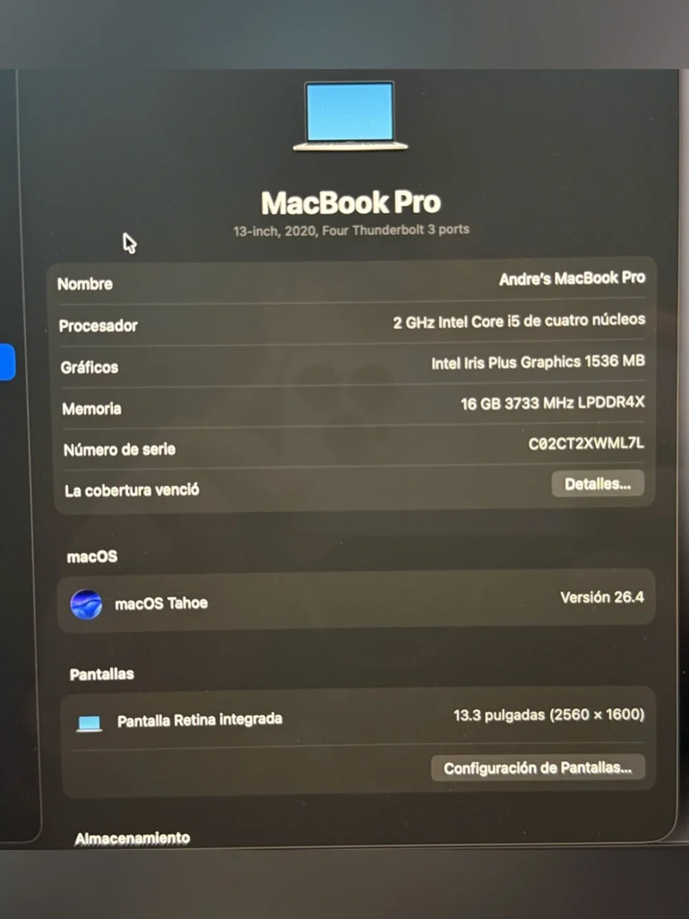 MacBook Pro 13 inch 2020 4 thunderbolt (USB C) intel i5 - Picture 2 of 9